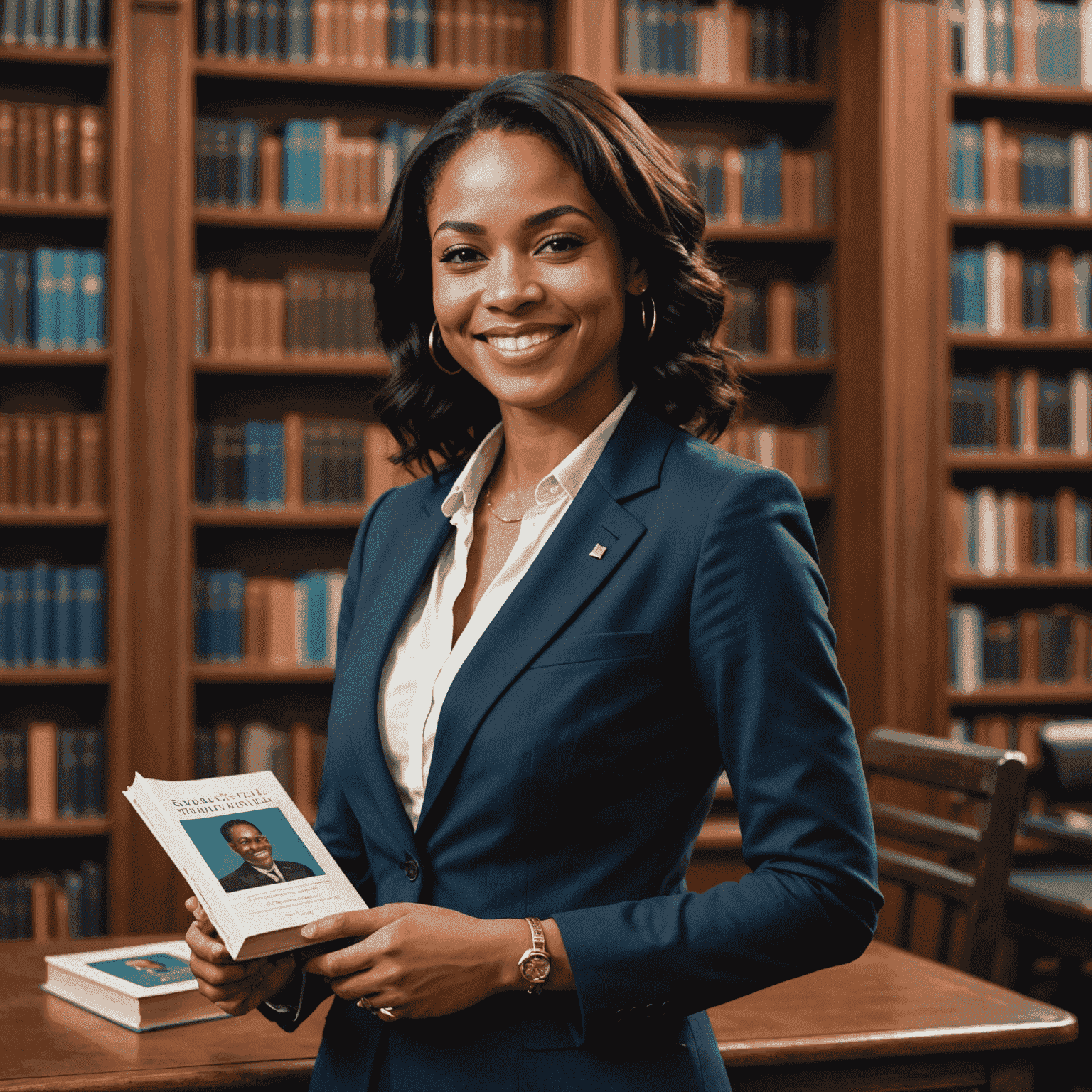 Imagem de Simone Tebet sorrindo, vestida formalmente, segurando seu livro autobiográfico em um cenário de biblioteca ou escritório. A imagem transmite confiança e profissionalismo.