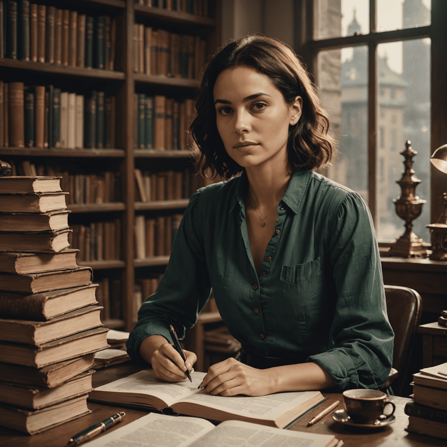 Simone Tebet sentada em sua mesa de trabalho, rodeada por livros e manuscritos, com uma caneta na mão e um olhar pensativo