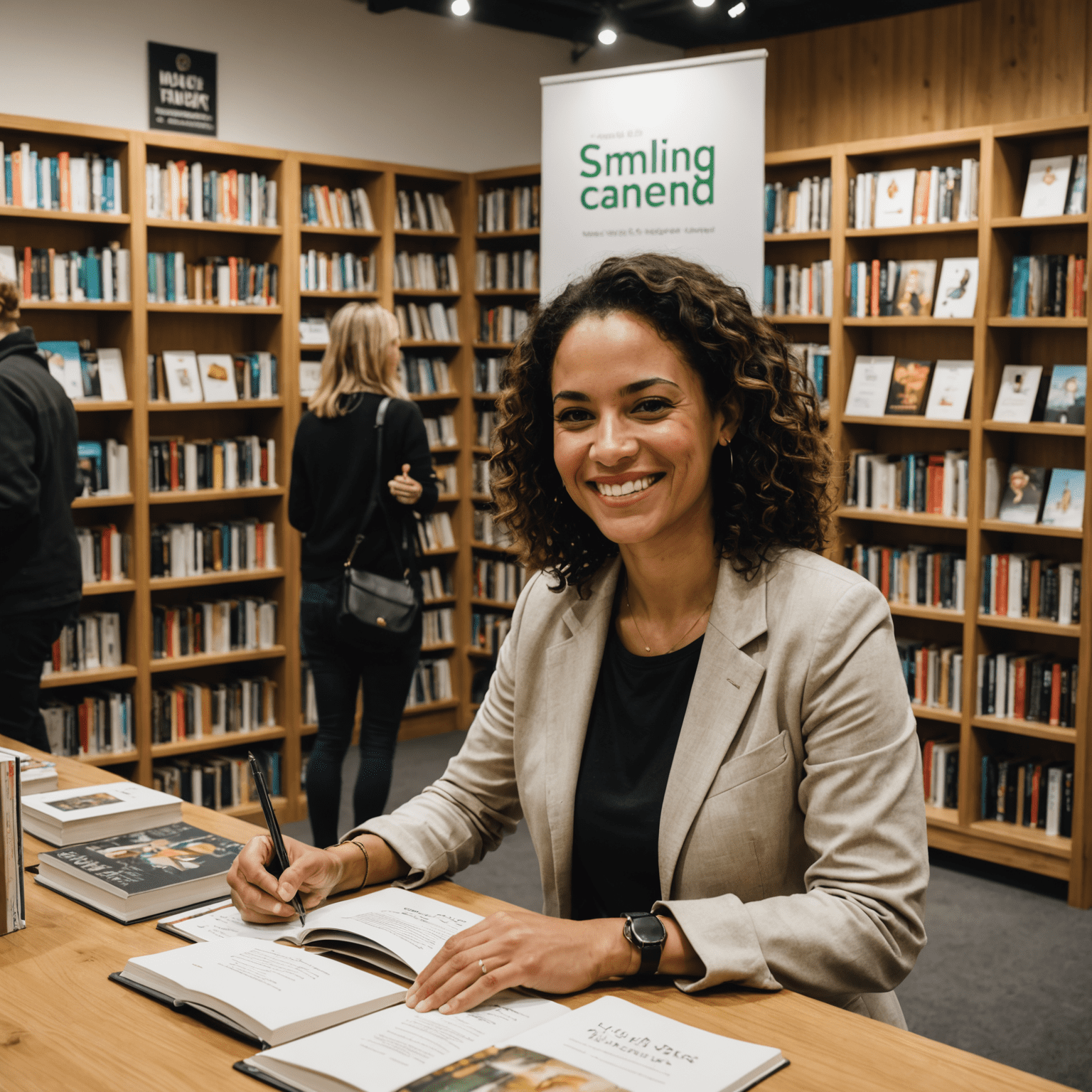 Simone Tebet em um evento de lançamento do seu livro, sorrindo e autografando cópias para uma fila de leitores entusiasmados. O ambiente é acolhedor, com estantes de livros ao fundo e banners promocionais do livro.