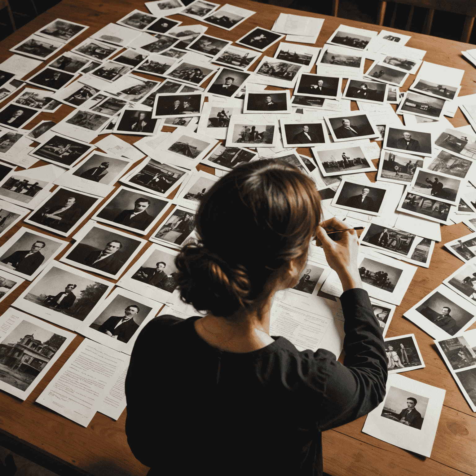 Simone Tebet examinando fotos antigas e documentos espalhados sobre uma grande mesa