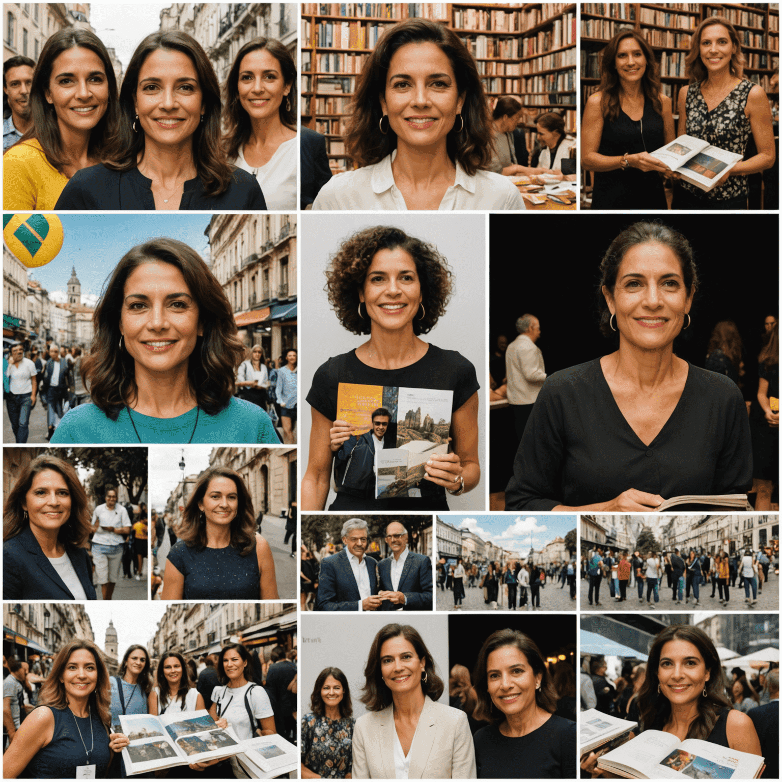 Colagem de fotos mostrando Simone Tebet em diferentes eventos de lançamento do livro em várias cidades brasileiras