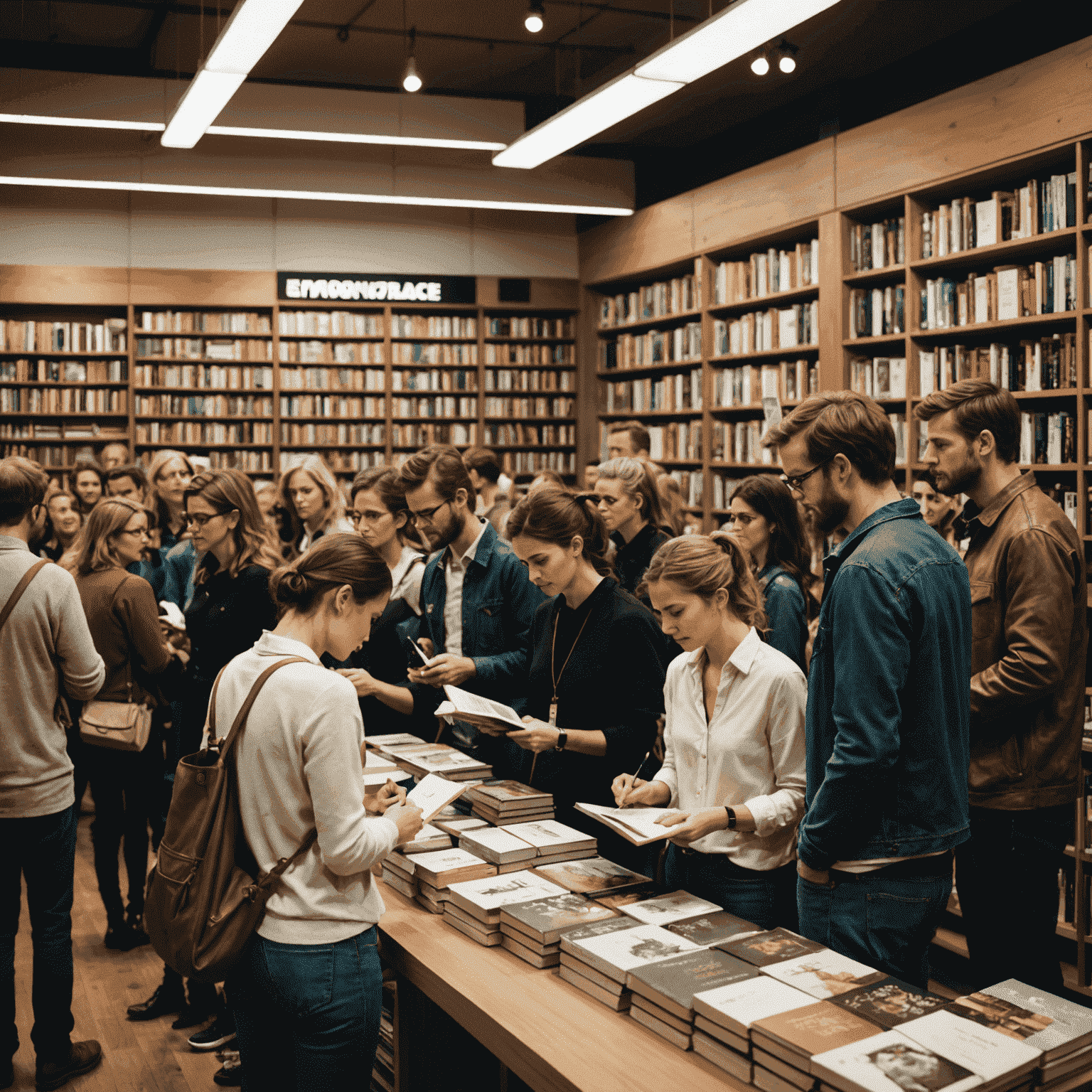 Multidão em uma livraria, com Simone Tebet autografando livros e interagindo com os fãs